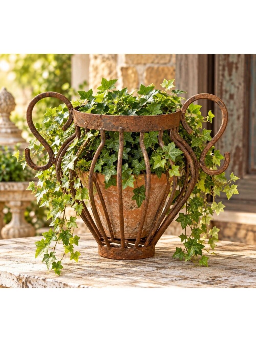 VTG Rusty Iron Wire Urn Planter Basket S Scroll Handles Primitive Garden Decor